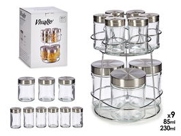 Vivalto Set 9 Botes Cristal con Soporte Metal Redondos - Transparente y Plata, 18x19x23.5 cm (Set de 6)