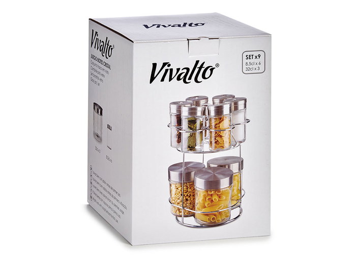 Vivalto Set 9 Botes Cristal con Soporte Metal Redondos - Transparente y Plata, 18x19x23.5 cm (Set de 6)