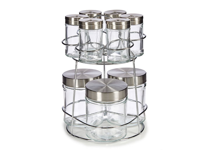 Vivalto Set 9 Botes Cristal con Soporte Metal Redondos - Transparente y Plata, 18x19x23.5 cm (Set de 6)