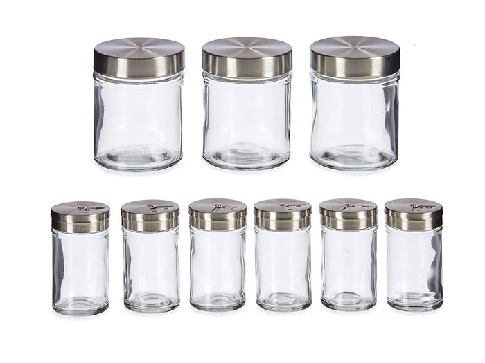 Vivalto Set 9 Botes Cristal con Soporte Metal Redondos - Transparente y Plata, 18x19x23.5 cm (Set de 6)