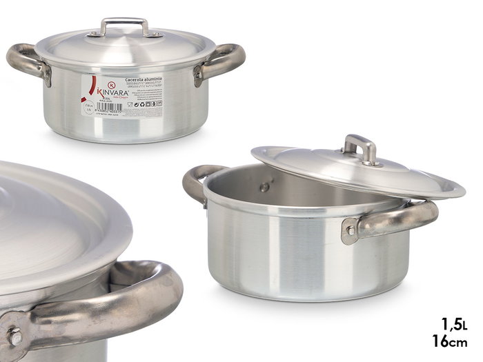 Kinvara Cacerola de Aluminio 16 cm 1,5 L con Tapa para Gas y Horno, Color Plata (Set de 10) Kinvara Cacerola de Aluminio 16 cm 1,5 L con Tapa para Gas y Horno, Color Plata (Set de 10)