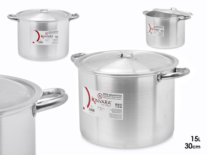 Kinvara Olla de Aluminio 30 cm, 15 Litros, Apta para Gas, Horno y Lavavajillas, Color Plata (Set de 4) Kinvara Olla de Aluminio 30 cm, 15 Litros, Apta para Gas, Horno y Lavavajillas, Color Plata (Set de 4)