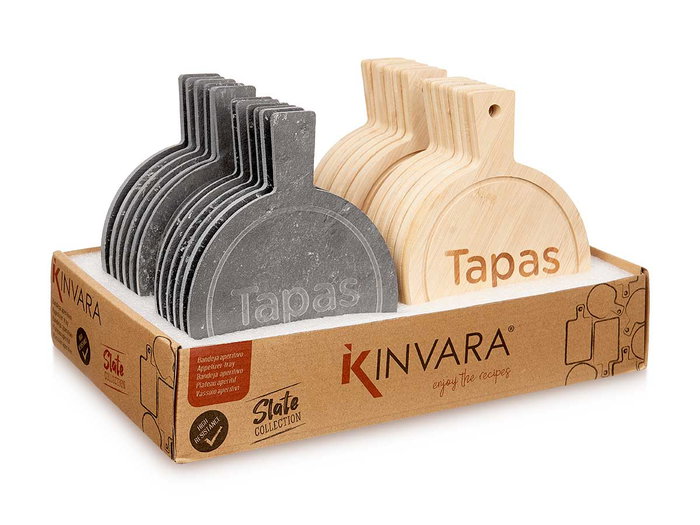 Kinvara Tabla Redonda Bambú y Pizarra para Tapas 14x19 cm (Set de 48)