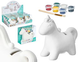 Pincello Hucha Unicornio de Cerámica para Colorear, Incluye 6 Temperas, Color Blanco, Dimensiones: 14x13x6 cm (Set de 24)
