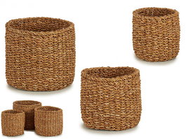 Giftdecor Set de 3 Cestos de Esparto Redondos Altos Marrón - 3 L, 5 L, 8 L - 25x22x25, 21x21x18, 17x17x17 cm (Set de 4)