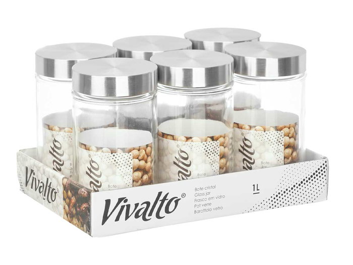 Vivalto Bote de Cristal Redondo 1L con Tapa de Acero - Vidrio y Acero, Transparente y Plata, 9.8 x 17.5 x 9.8 cm (Set de 24)