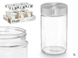 Vivalto Bote de Cristal Redondo 1L con Tapa de Acero - Vidrio y Acero, Transparente y Plata, 9.8 x 17.5 x 9.8 cm (Set de 24)