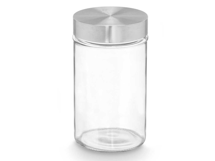 Vivalto Bote de Cristal Redondo 1L con Tapa de Acero - Vidrio y Acero, Transparente y Plata, 9.8 x 17.5 x 9.8 cm (Set de 24)