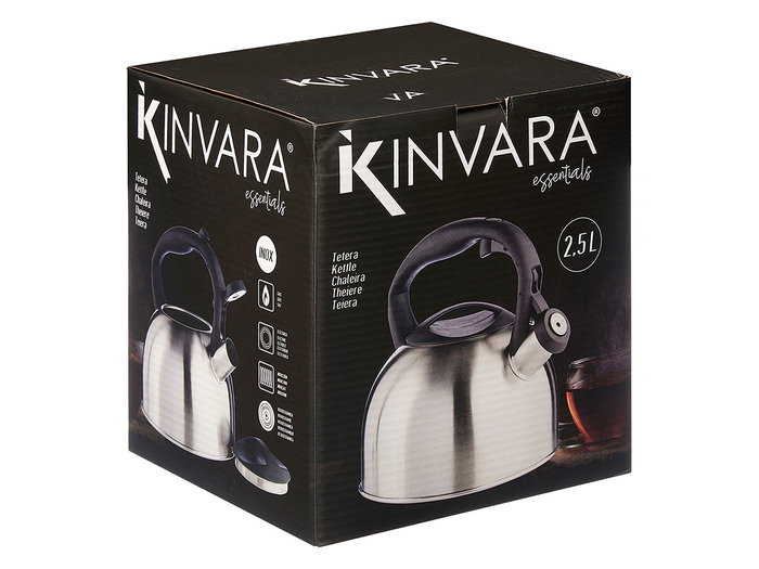 Kinvara Tetera Acero Inoxidable 2,5 Litros para Gas, Eléctrico, Inducción y Vitrocerámica con Asa de Plástico, Color Plata/Negro, 23 x 20.5 x 19 cm (Set de 6)