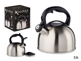 Kinvara Tetera Acero Inoxidable 2,5 Litros para Gas, Eléctrico, Inducción y Vitrocerámica con Asa de Plástico, Color Plata/Negro, 23 x 20.5 x 19 cm (Set de 6)
