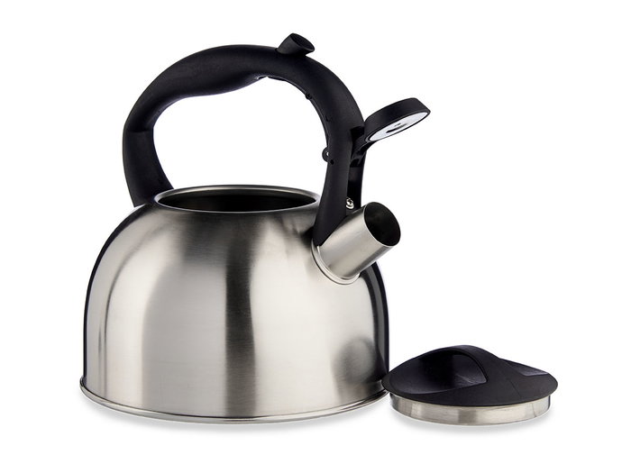 Kinvara Tetera Acero Inoxidable 2,5 Litros para Gas, Eléctrico, Inducción y Vitrocerámica con Asa de Plástico, Color Plata/Negro, 23 x 20.5 x 19 cm (Set de 6)
