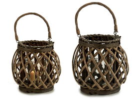 Giftdecor Portavelas Cilindro Gris con Asa 22 cm Alto Vidrio y Mimbre Marron (Vaso Cristal: diam 11,7 x 12 cm) (Set de 6)