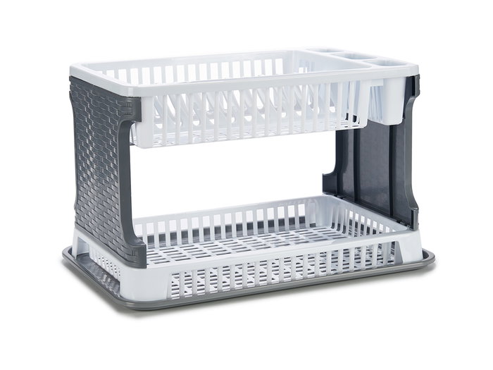 Kinvara Escurreplatos de Plástico 2 Pisos con Diseño Rattan, Color Blanco/Gris, Dimensiones 44.5 x 30.5 x 27 cm (Set de 10)