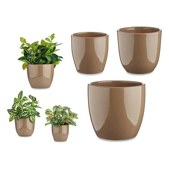 Ibergarden Set de 3 Macetas de Cerámica Abombada Taupe