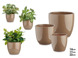 Ibergarden Set 3 Macetas Cerámica Abombada Taupe 14 cm 17 cm 22 cm