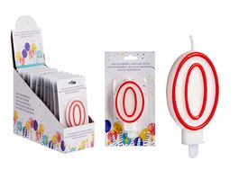 Arte Regal Vela Cumpleaños Número 0 Blanca Borde Rojo 4.2x8.2x1 cm (Set de 72)