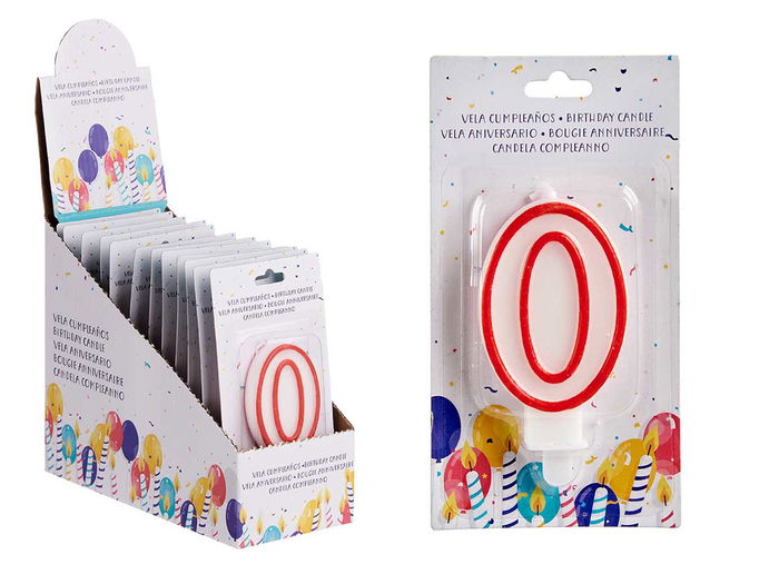 Arte Regal Vela Cumpleaños Número 0 Blanca Borde Rojo 4.2x8.2x1 cm (Set de 72)