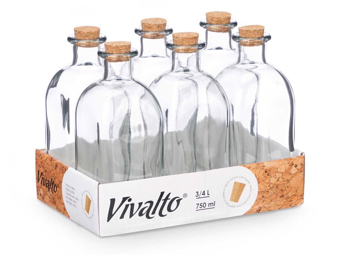 Vivalto Frasca Vidrio 750 ml con Tapón de Corcho - Dimensiones: 8 cm (Ancho) x 21 cm (Alto) x 8 cm (Largo) (Set de 24)