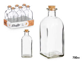 Vivalto Frasca Vidrio 750 ml con Tapón de Corcho - Dimensiones: 8 cm (Ancho) x 21 cm (Alto) x 8 cm (Largo) (Set de 24)