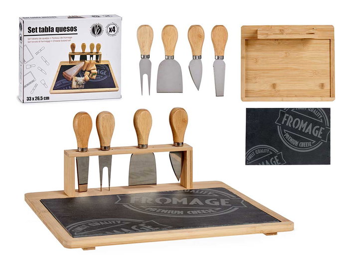 Kinvara Tabla de Quesos de Bambú y Pizarra con 4 Cuchillos | 34x27.5x15 cm (Set de 6) Kinvara Tabla de Quesos de Bambú y Pizarra con 4 Cuchillos | 34x27.5x15 cm (Set de 6)