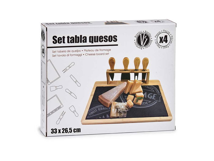 Kinvara Tabla de Quesos de Bambú y Pizarra con 4 Cuchillos | 34x27.5x15 cm (Set de 6) Kinvara Tabla de Quesos de Bambú y Pizarra con 4 Cuchillos | 34x27.5x15 cm (Set de 6)
