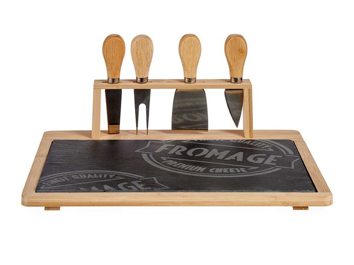 Kinvara Tabla de Quesos de Bambú y Pizarra con 4 Cuchillos | 34x27.5x15 cm (Set de 6) Kinvara Tabla de Quesos de Bambú y Pizarra con 4 Cuchillos | 34x27.5x15 cm (Set de 6)