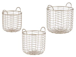 Giftdecor Set 3 Cestos Metálicos Redondos Champagne Con Asas, Oro, 40x42.5x40 cm