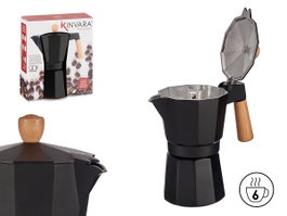 Kinvara Cafetera de Aluminio 6 Tazas Negra con Asa de Madera