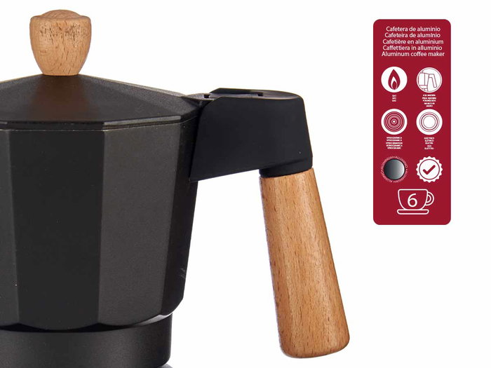 Kinvara Cafetera de Aluminio 6 Tazas Negra con Asa de Madera Kinvara Cafetera de Aluminio 6 Tazas Negra con Asa de Madera
