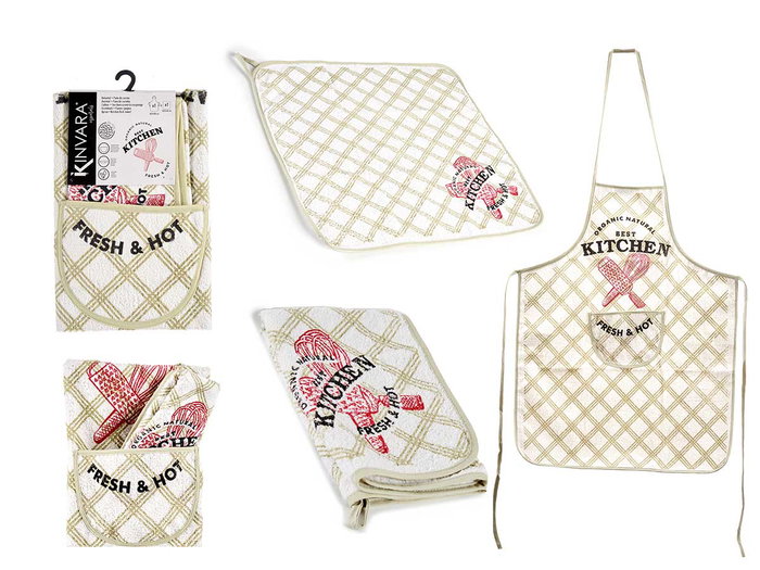 Kinvara Set Delantal y Paño Cocina Rizo Fresh Algodón Poliéster Blanco Verde 80 x 60 cm (Set de 12) Kinvara Set Delantal y Paño Cocina Rizo Fresh Algodón Poliéster Blanco Verde 80 x 60 cm (Set de 12)