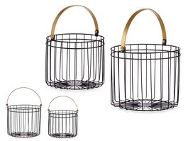 Giftdecor Set 2 Cestas Cilíndricas Negras con Asa Dorada, 25x27x25 cm
