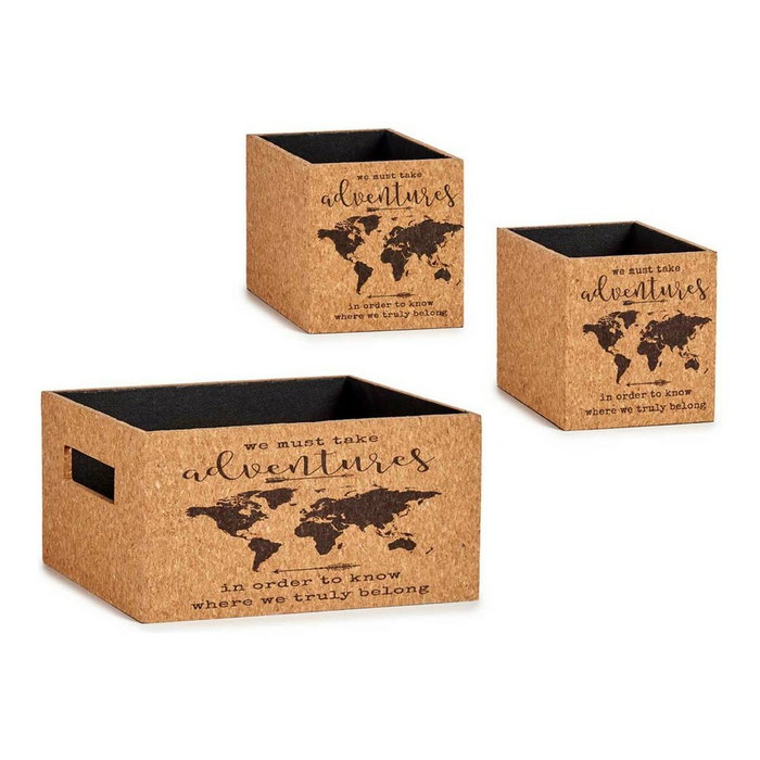 Juego de Cajas Decorativas Marrón Mapamundi 3 Piezas Corcho Madera MDF