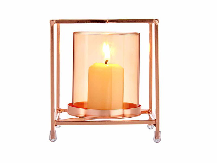 Base para Vela de Cristal Cuadrado Ámbar con Metal Cobre 11x12x11 cm - Giftdecor (8 Unidades)