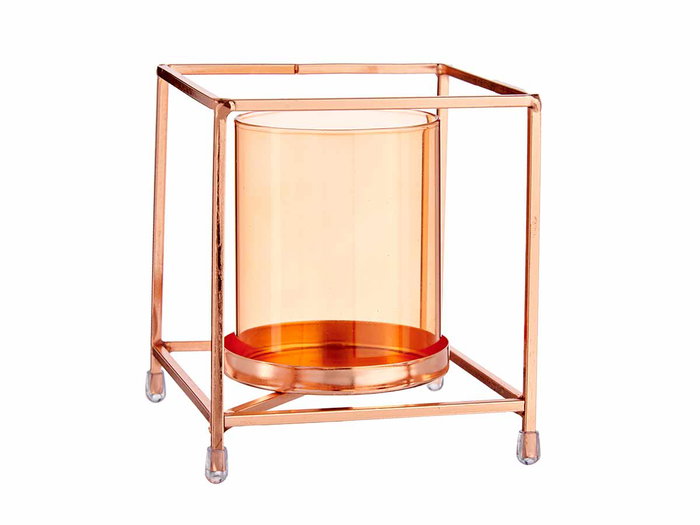 Base para Vela de Cristal Cuadrado Ámbar con Metal Cobre 11x12x11 cm - Giftdecor (8 Unidades)