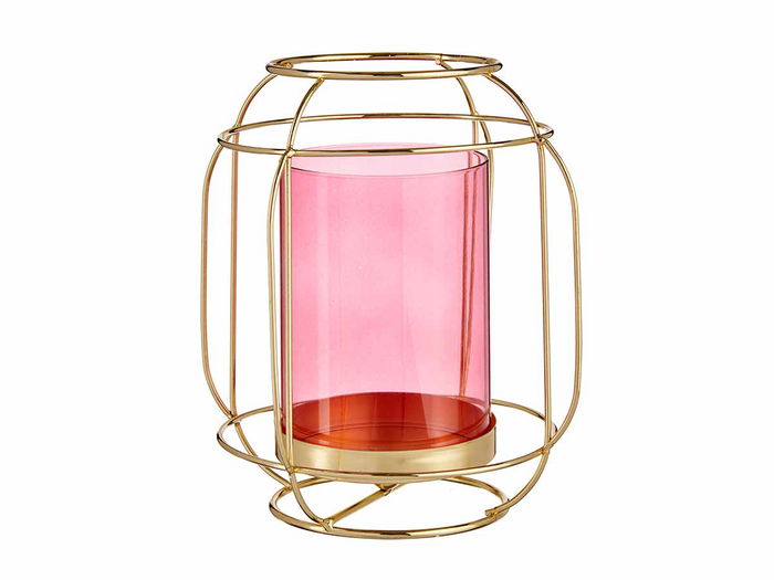 Giftdecor Base Vela Cristal Farol Rosa Metal Oro 19x20x19cm (Set de 8)