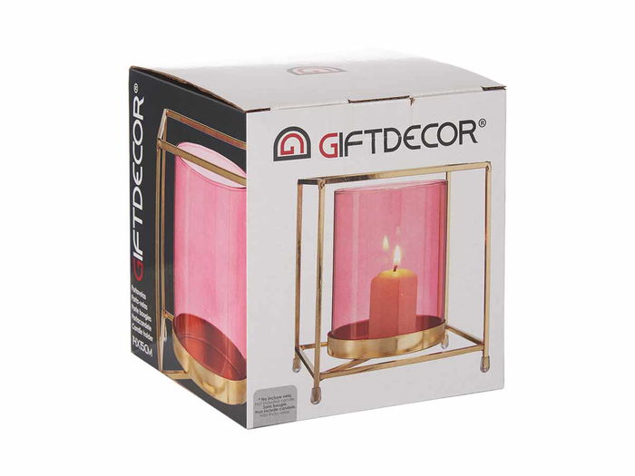 Giftdecor Base Vela Cristal Cuadrada Rosa Metal Oro 14x14x15.5 cm (Set de 8)