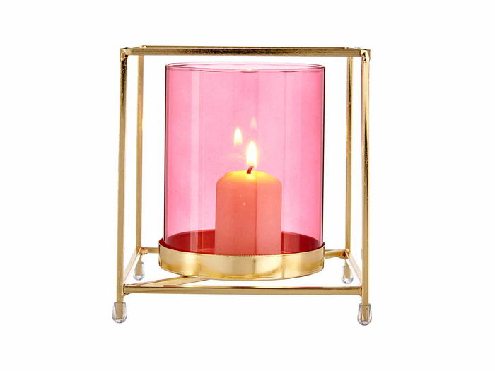Giftdecor Base Vela Cristal Cuadrada Rosa Metal Oro 14x14x15.5 cm (Set de 8)