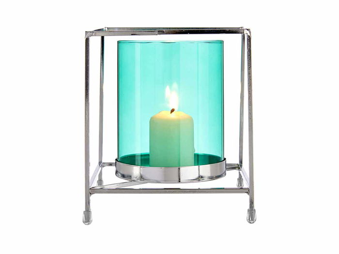 Giftdecor Base Vela Cristal Cuadrada Azul y Plata Metal 14 x 15.5 x 14 cm (Set de 8)