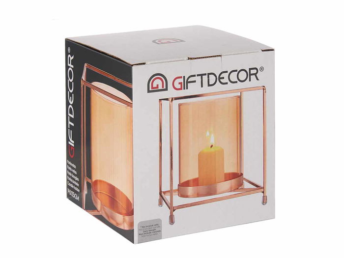 Giftdecor Base Vela Cristal Cuadrada Ambar Metal Cobre 14x14x15.5 cm (Set de 8)