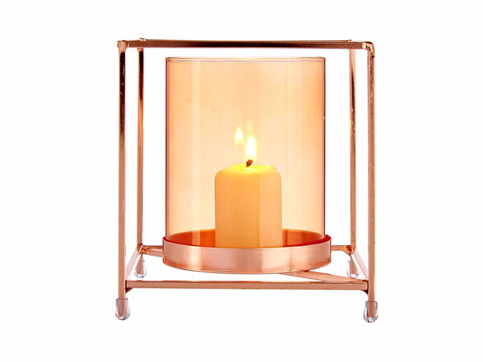 Giftdecor Base Vela Cristal Cuadrada Ambar Metal Cobre 14x14x15.5 cm (Set de 8)