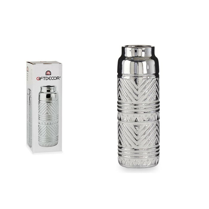 Jarrón Rayas Cilíndrico 10,5 x 30 x 10,5 cm Cerámica Plateado Jarrón Rayas Cilíndrico 10,5 x 30 x 10,5 cm Cerámica Plateado