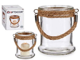 Giftdecor Portavelas Pequeño de Cristal y Hierba Marina Transparente 9x9x10 cm (Set de 24)