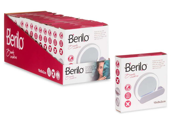 Berilo Espejo de Viaje ABS con LED y Conector USB, Blanco, 9x2x10 cm (Set de 24)