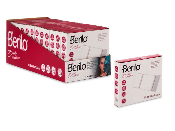 Berilo Espejo de Bolsillo ABS con LED, Aumentos 1X 2X 3X, Blanco, Dimensiones 11.5 x 9.5 x 1.5 cm (Set de 24)