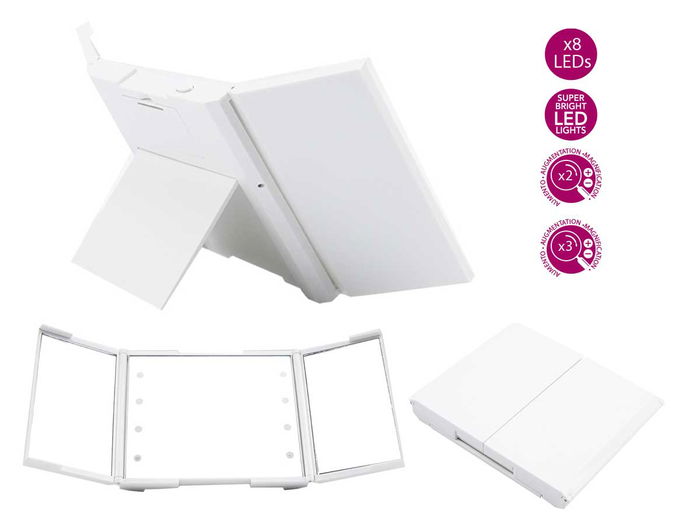 Berilo Espejo de Bolsillo ABS con LED, Aumentos 1X 2X 3X, Blanco, Dimensiones 11.5 x 9.5 x 1.5 cm (Set de 24)