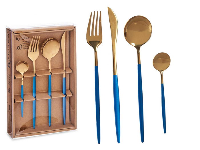 Kinvara Set Cubiertos 8 Piezas Oro Azul Acero Inoxidable 16x24.5x5 cm (Set de 12) Kinvara Set Cubiertos 8 Piezas Oro Azul Acero Inoxidable 16x24.5x5 cm (Set de 12)