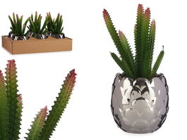 Ibergarden Cactus Artificial Maceta Cerámica Plata Verde 10 cm x 20 cm x 10 cm (Set de 12)