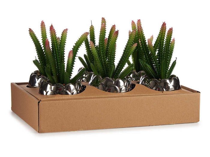 Ibergarden Cactus Artificial Maceta Cerámica Plata Verde 10 cm x 20 cm x 10 cm (Set de 12)