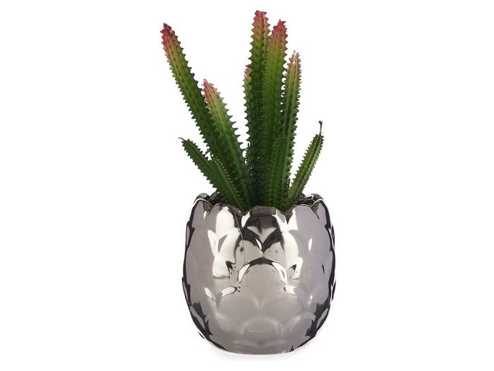 Ibergarden Cactus Artificial Maceta Cerámica Plata Verde 10 cm x 20 cm x 10 cm (Set de 12)
