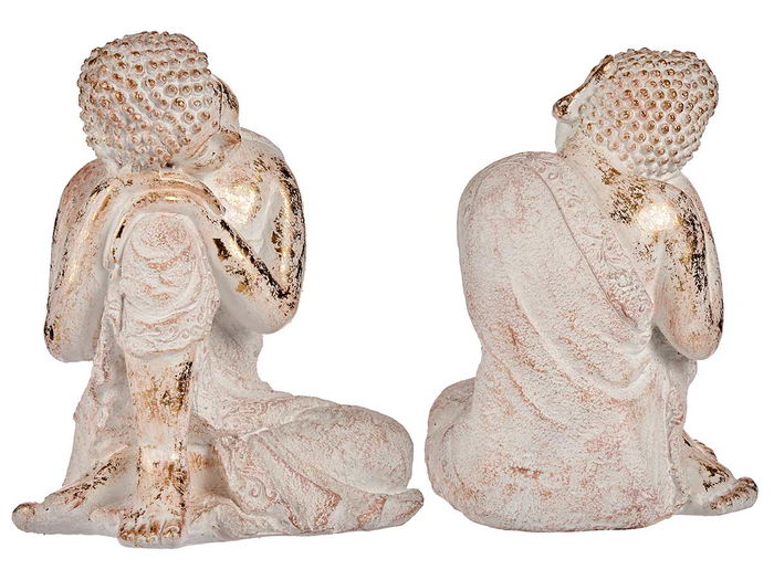 Ibergarden Buda Poliresina Sentado Cabeza Lado Izquierdo Blanco y Oro 23x33x26cm (Set de 2)